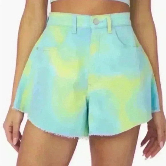We Wore What Flare Bell Shorts, Stretch Twill Denim in Zvi Tie Tye. Size 28. NWT - Picture 2 of 15